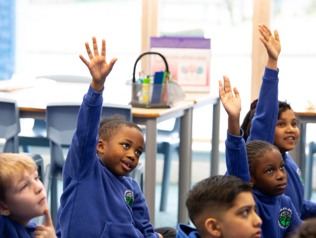 Maths pupils raising their hands to ask a question.