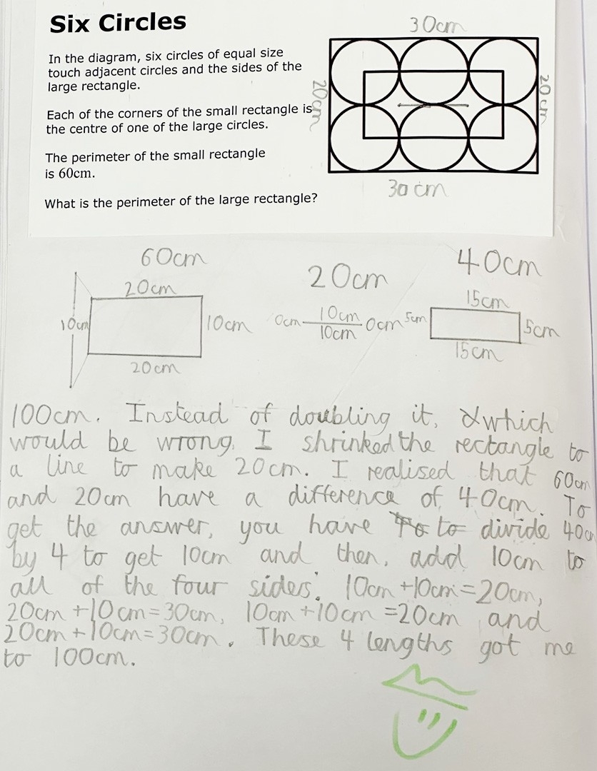 A hand written journal answer showing six circles and a word problem