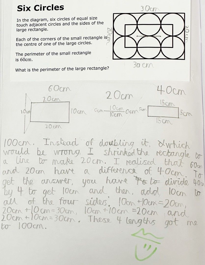 A hand written journal answer showing six circles and a word problem