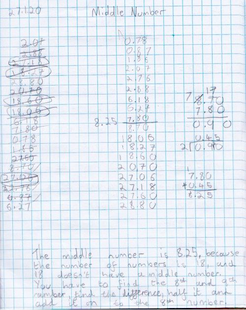 A maths journal entry where a pupil finds the middle number in a range of 18 numbers and explains their reasoning