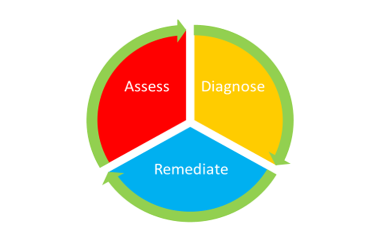A 3-part Assessment for Learning wheel, depicts the 3 key elements of Assessment for Learning: Assess, diagnose & remediate