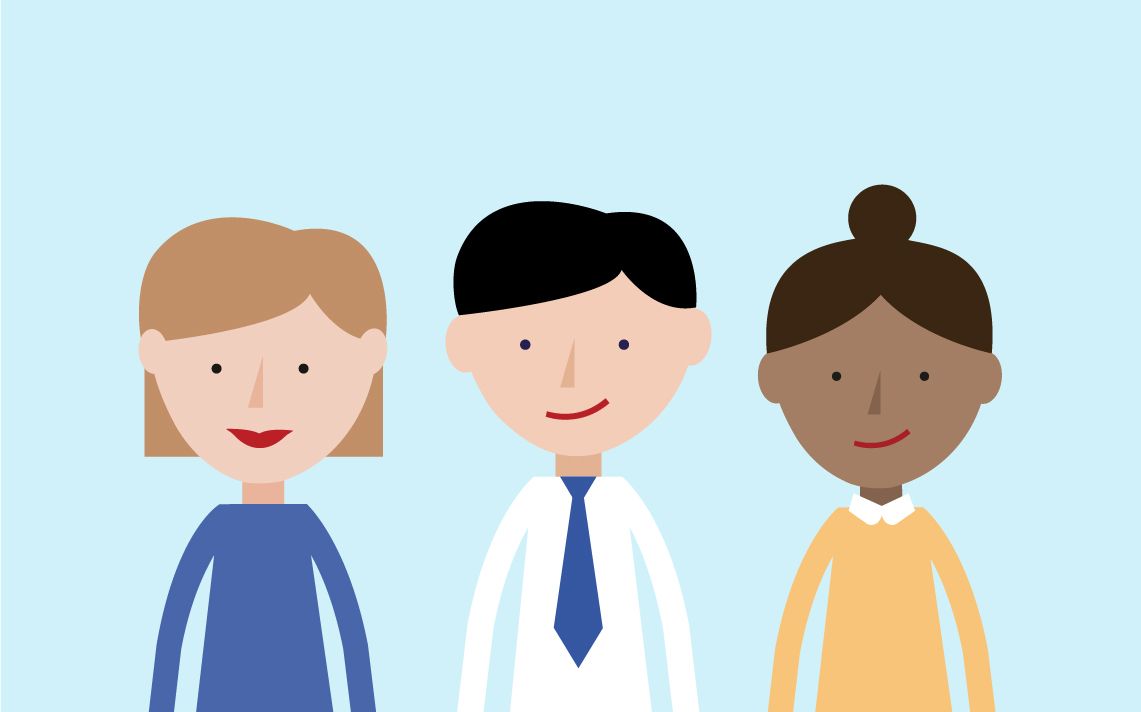 three characters standing in a row, all smiling