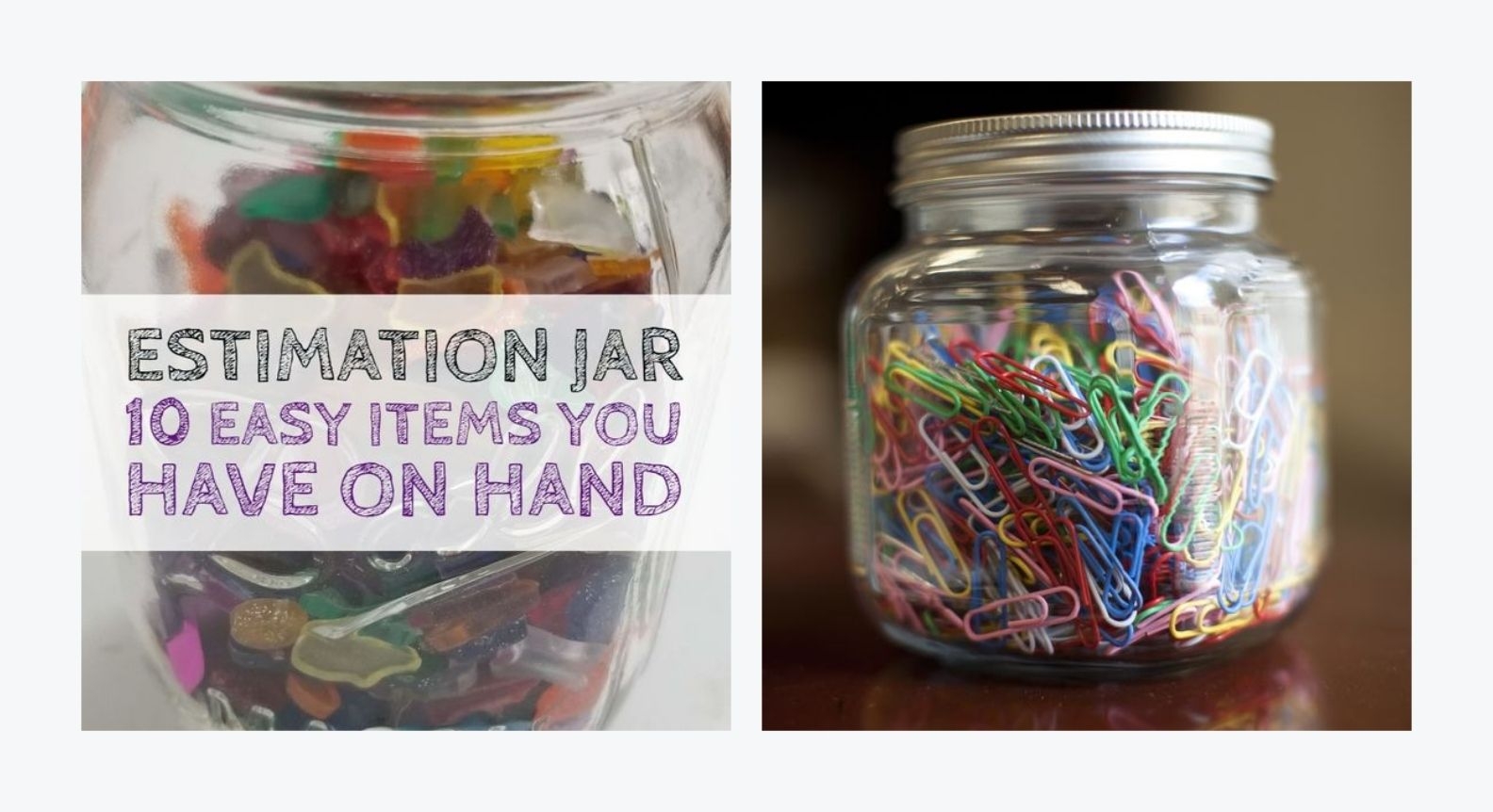 Colourful estimation jars with everyday items for primary maths activities, encouraging pupils to practise counting and quantity assessment skills