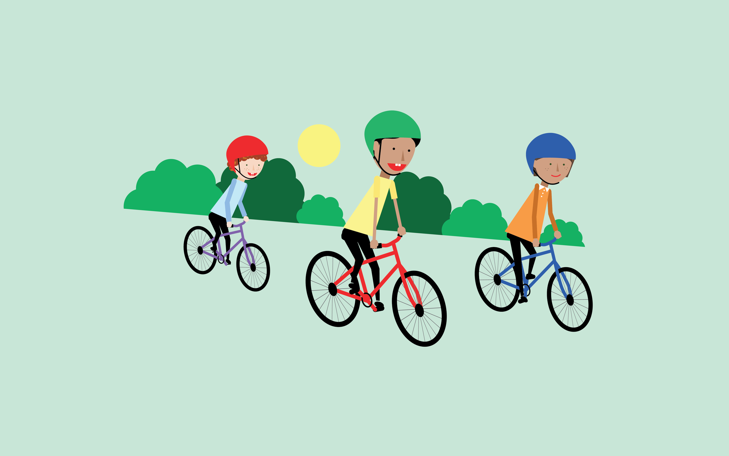 three children playing outside on their bicycles in front of a row of bushes and a sun