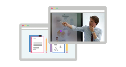 two browser windows one with a maths mastery primary teacher pointing at the board during a mathematics lesson