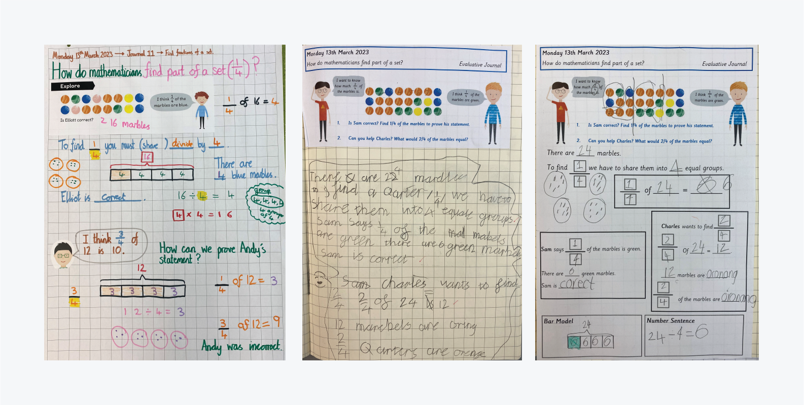 Samples of journal pages and an anchor chart from a Year 2 fractions lesson