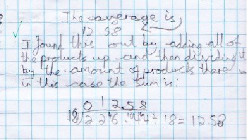 A journal entry where a pupil finds the mean without a calculator and uses a hard division sum and explains their reasoning
