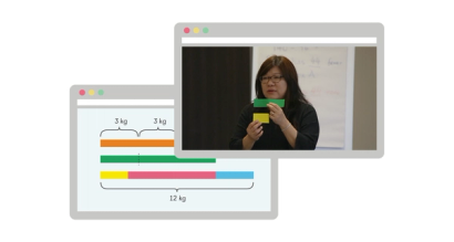 two browser windows one with a primary maths mastery teacher teaching the bar model