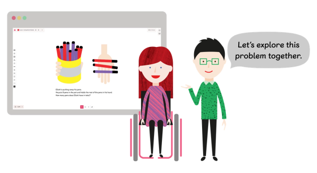 Math — No Problem! characters saying "Let's explore this problem together" with a computer screen behind them with a sample lesson.