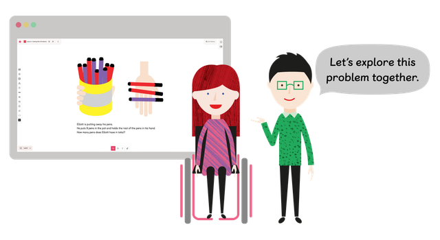 Math — No Problem! characters saying "Let's explore this problem together" with a computer screen behind them with a sample lesson.