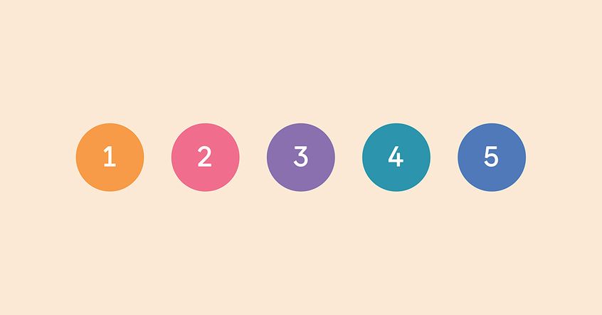 5 different coloured circles numbered one to five