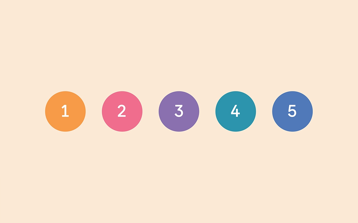 5 different coloured circles numbered one to five