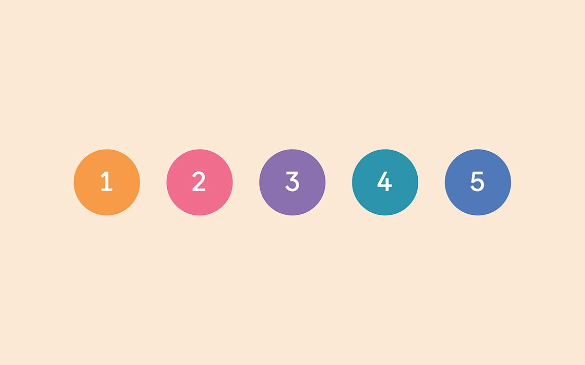 5 different coloured circles numbered one to five