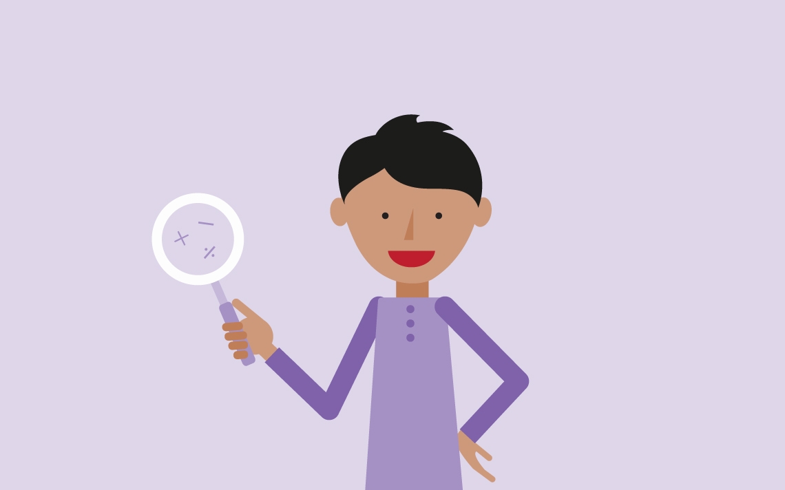 A maths mastery teacher holding a magnifying glass in his right hand that has a multiplication symbol, division symbol and a subtraction symbol inside