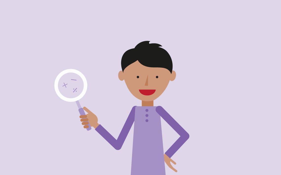 A maths mastery teacher holding a magnifying glass in his right hand that has a multiplication symbol, division symbol and a subtraction symbol inside
