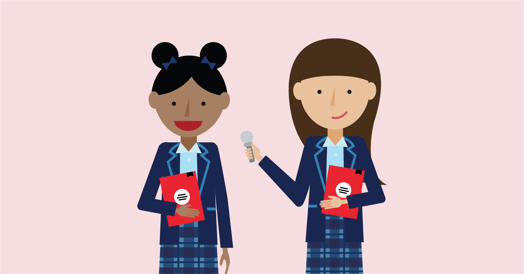 A maths mastery student interviewing another student while holding a microphone. They are both holding Maths — No Problem! books