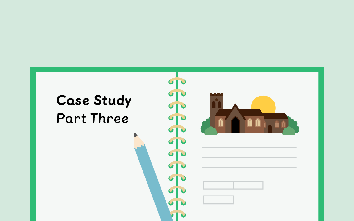 An opened green notebook with "Case Study Part Three" written by a blue pencil on one side, and an image of a school on the other