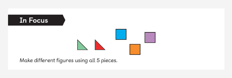 A Maths — No Problem! textbook example shows an In Focus task where kids make unlike figures using 3 squares and 2 triangles