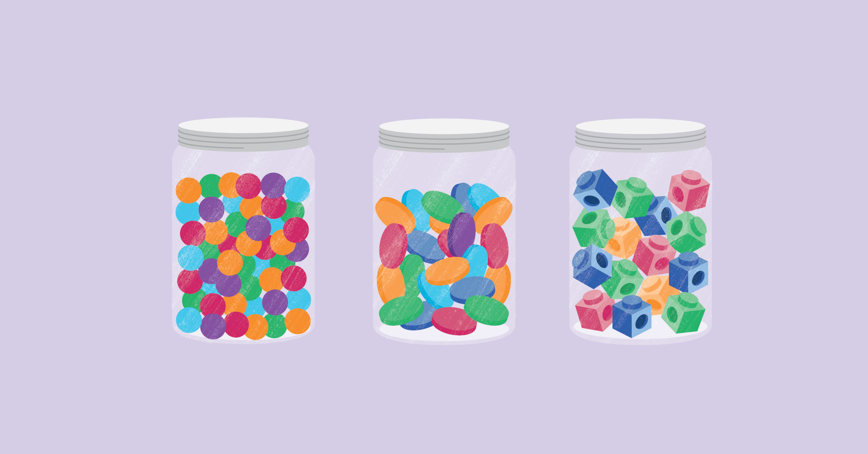 Three glass jars filled with different maths manipulatives like coloured coins, linking cubes and marbles