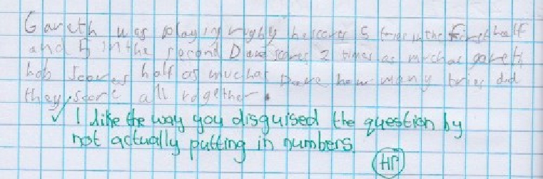Creative journaling example 6: A word problem about total tries scored, highlights the pupil’s understanding