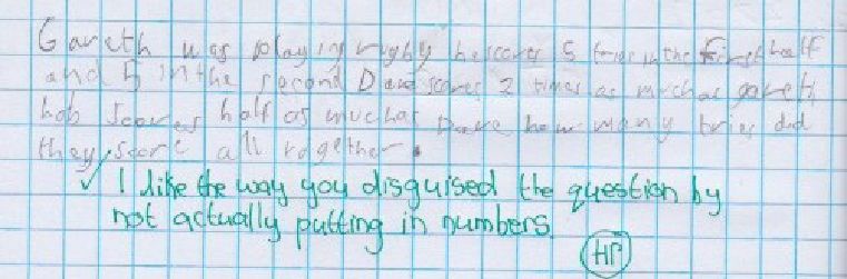 Creative journaling example 6: A word problem about total tries scored, highlights the pupil’s understanding