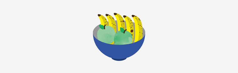 Five bananas and two green apples are shown in a bowl.