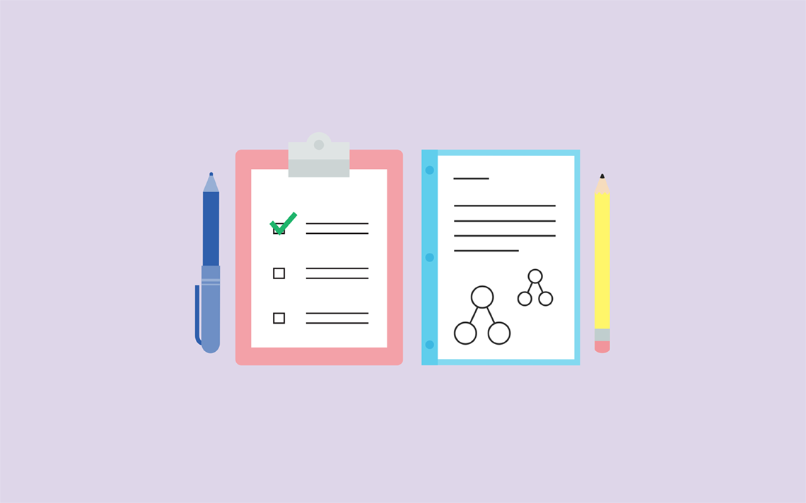 A blue pen, a pink clipboard with a checklist on it, a maths workbook and a pencil all set next to each other