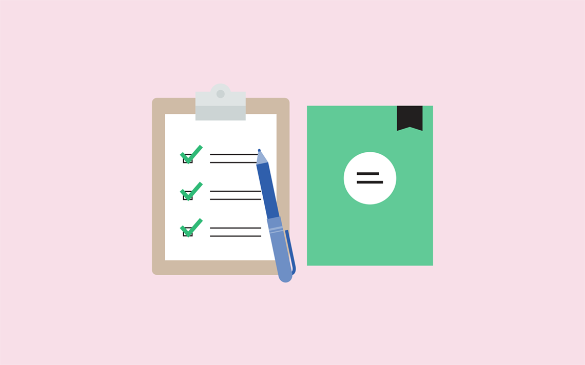 A checklist on a clipboard with three items checked off, a blue pen, and a green Maths — No Problem! book