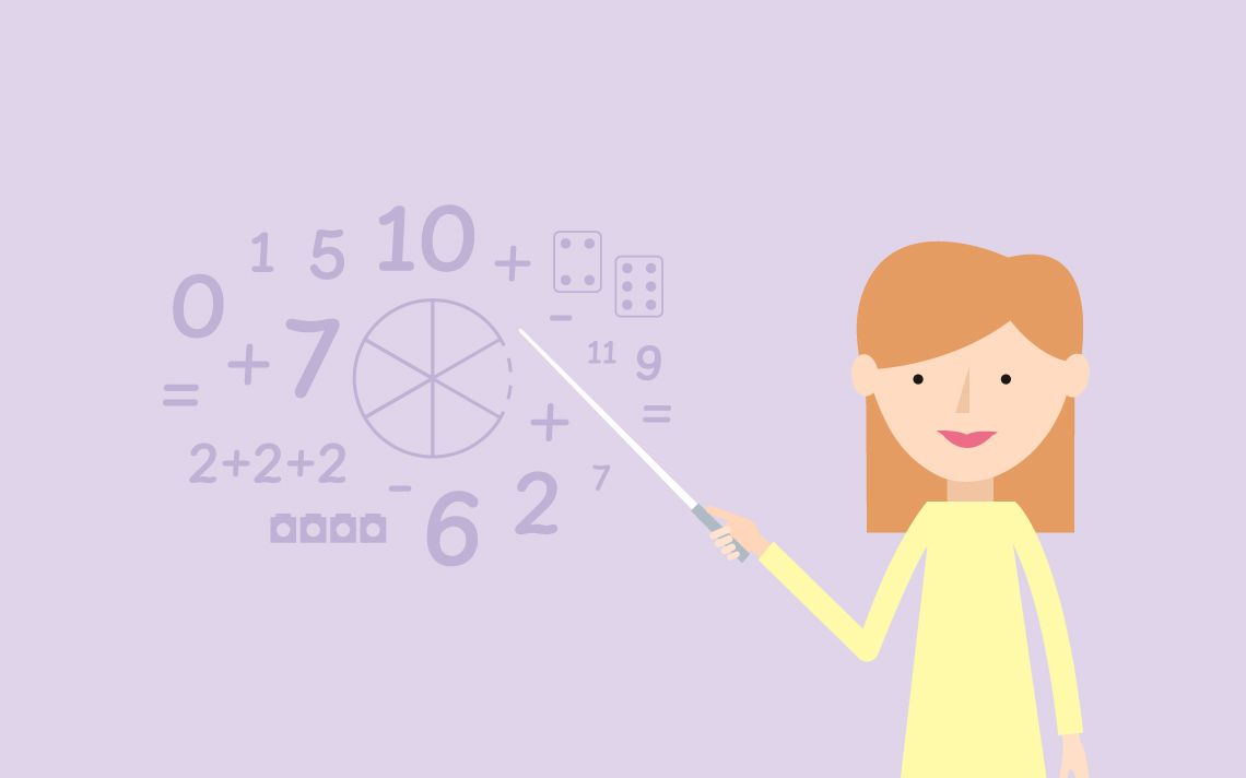 a maths instructor using a pointer stick to show various mathematics symbols on a board