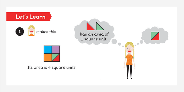 A Maths — No Problem! textbook example shows Hannah has made a figure that is 4 square units