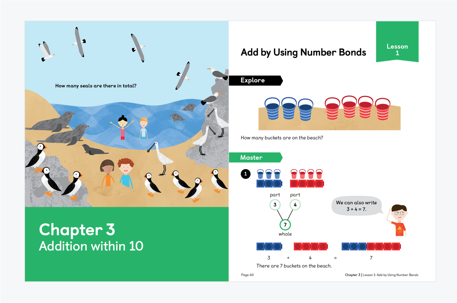 A horizontal page spread of the Maths No Problem 1A Chapter 3 textbook example