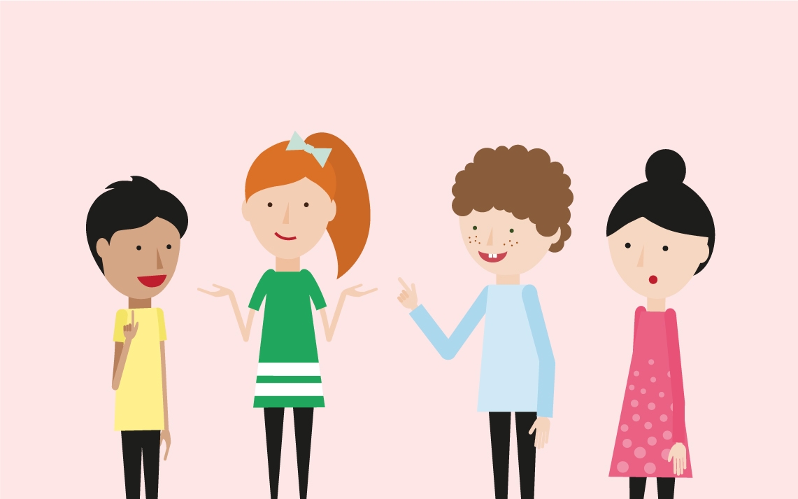 four students standing and displaying various degrees of understanding