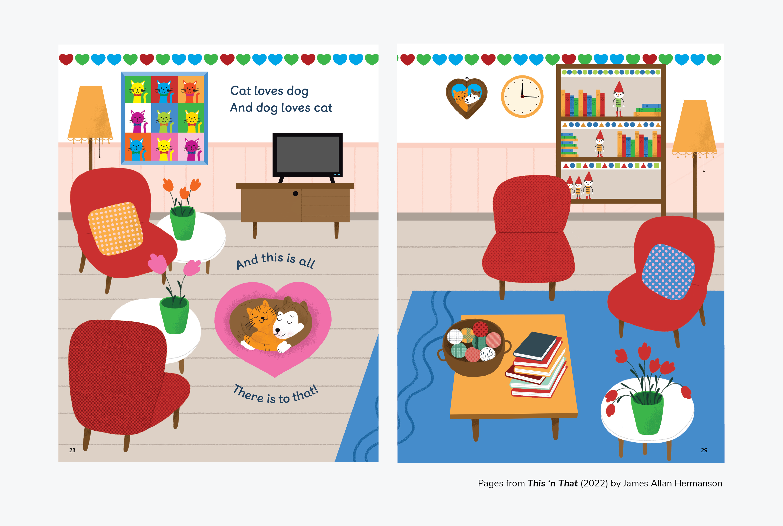 Pages from the Early Years Foundations Picture Book This n That from Maths — No Problem! depicting an illustrated living room scene and a cat and a dog hugging in a heart