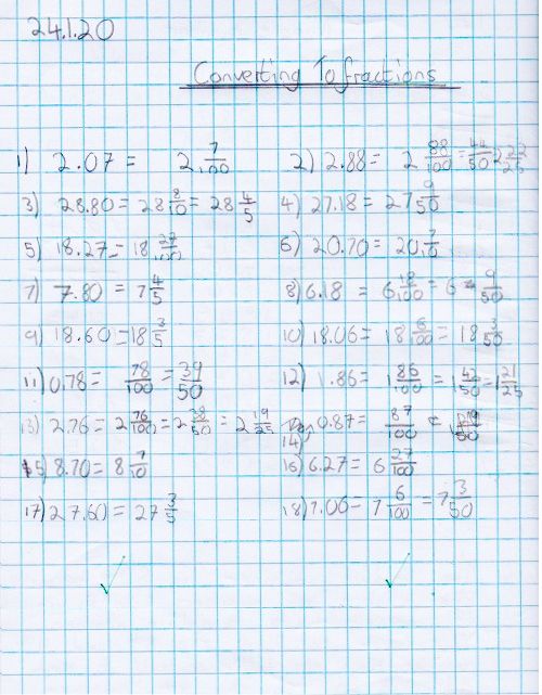 A maths journal entry where a pupil explores converting decimals to a simplified fractions