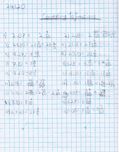 A maths journal entry where a pupil explores converting decimals to a simplified fractions