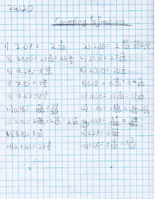 A maths journal entry where a pupil explores converting decimals to a simplified fractions
