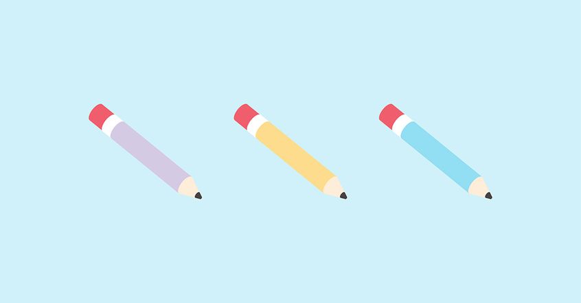 Three pencils in different colours. The first is purple, then yellow, then a light blue