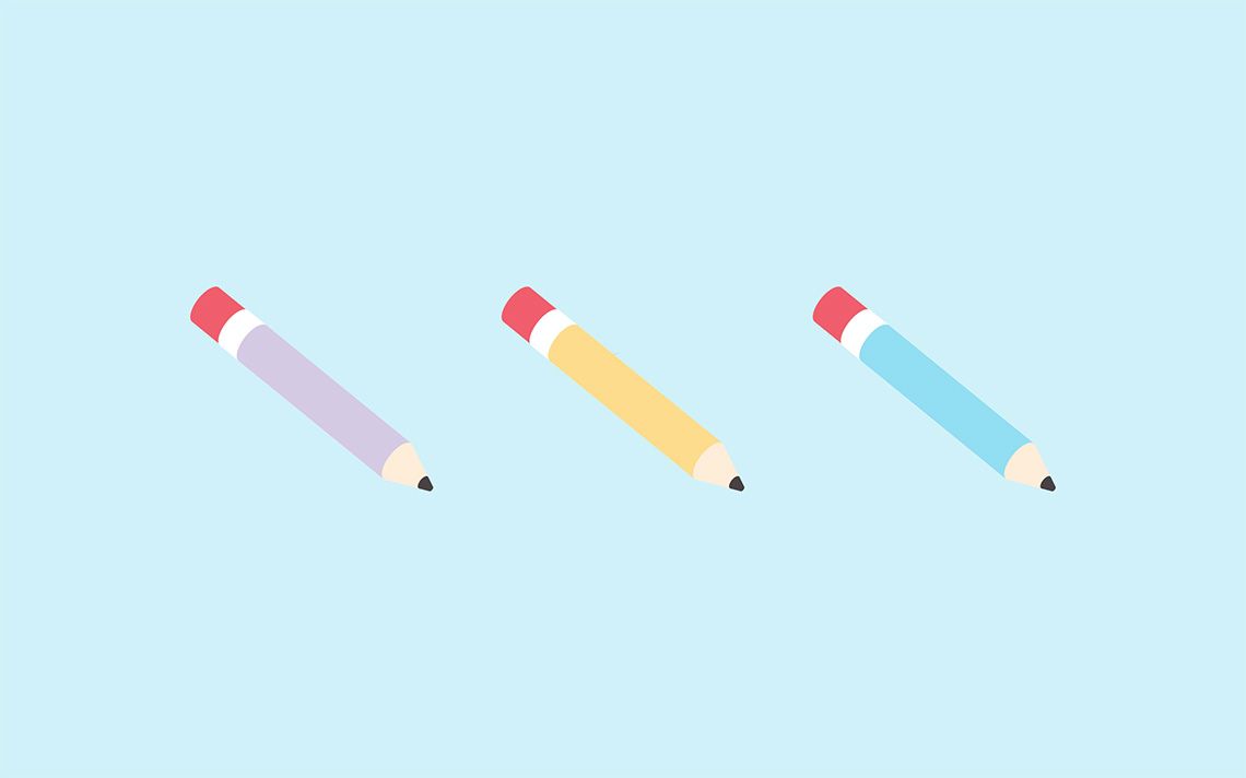 Three pencils in different colours. The first is purple, then yellow, then a light blue