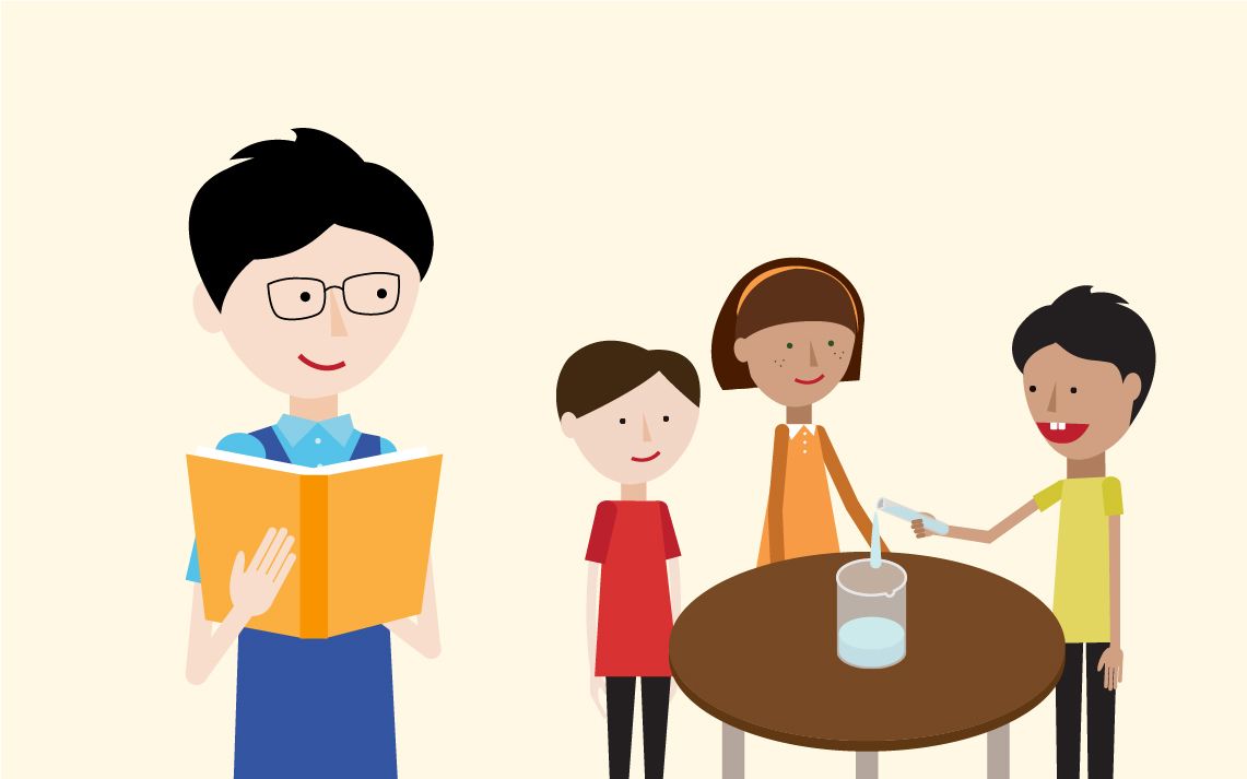 one student in the foreground reading a book, looking at 3 other students standing at a table measuring liquids