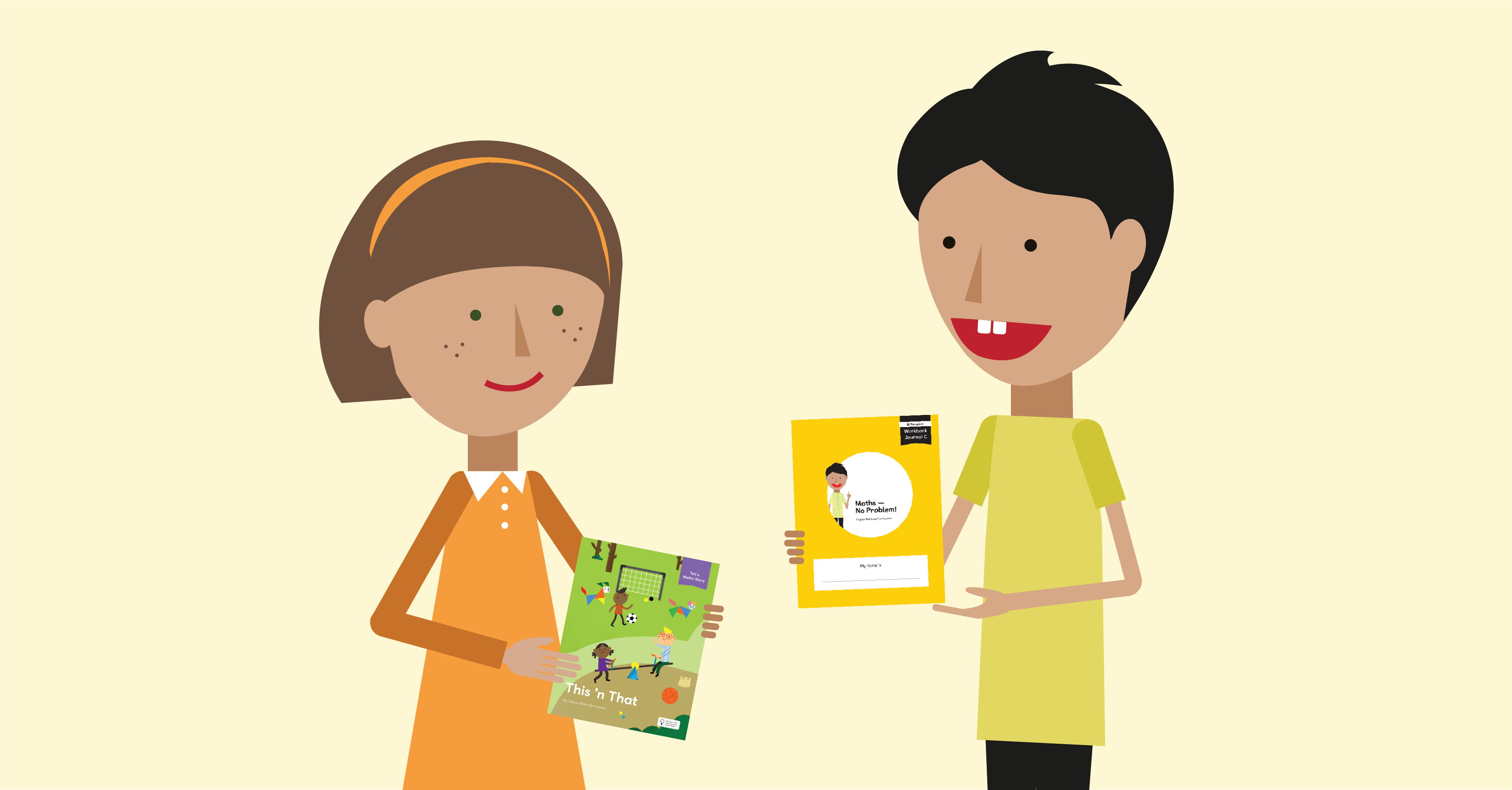 Two children showing their Maths No Problem books to one another