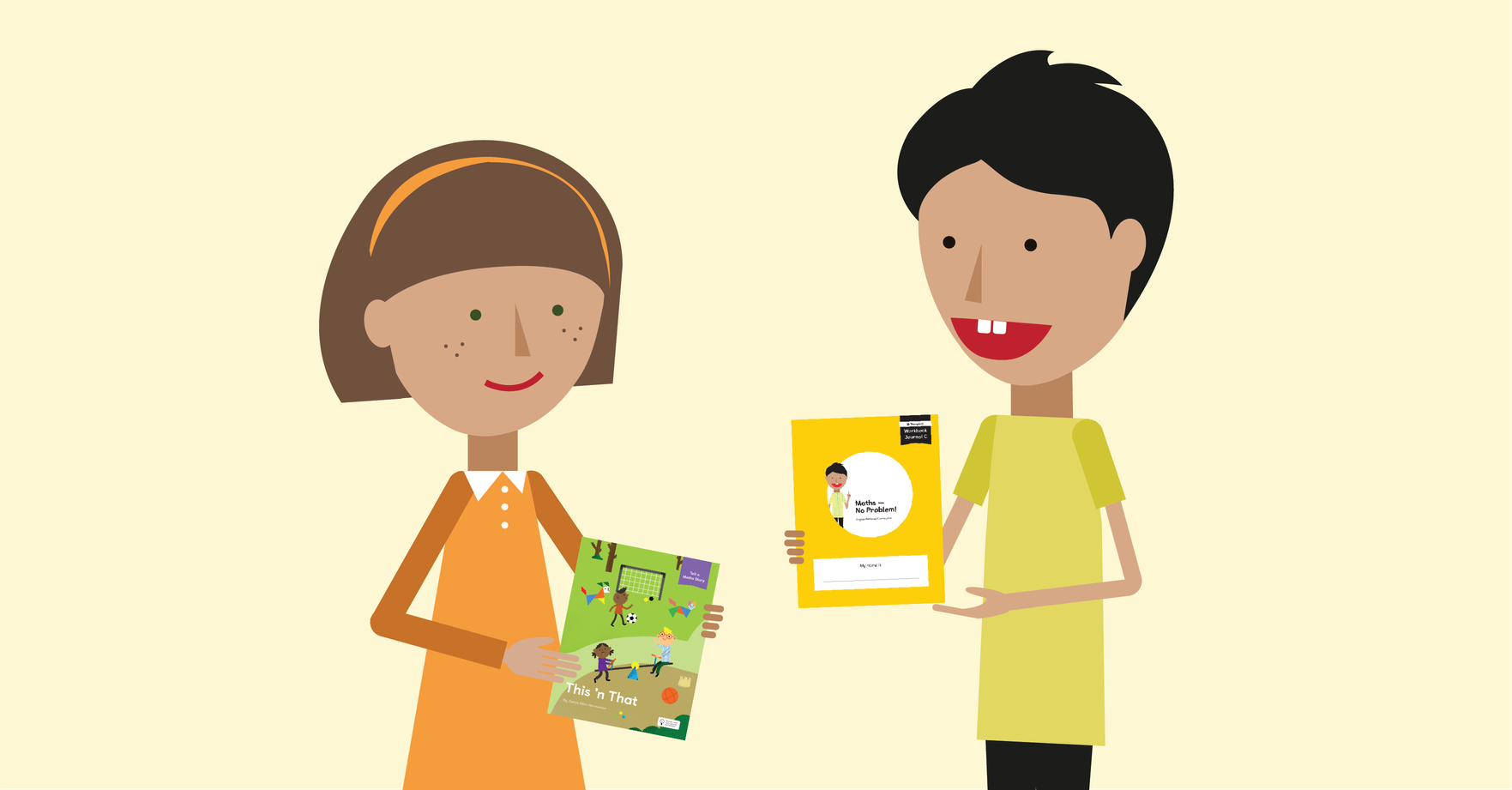 Two children showing their Maths No Problem books to one another