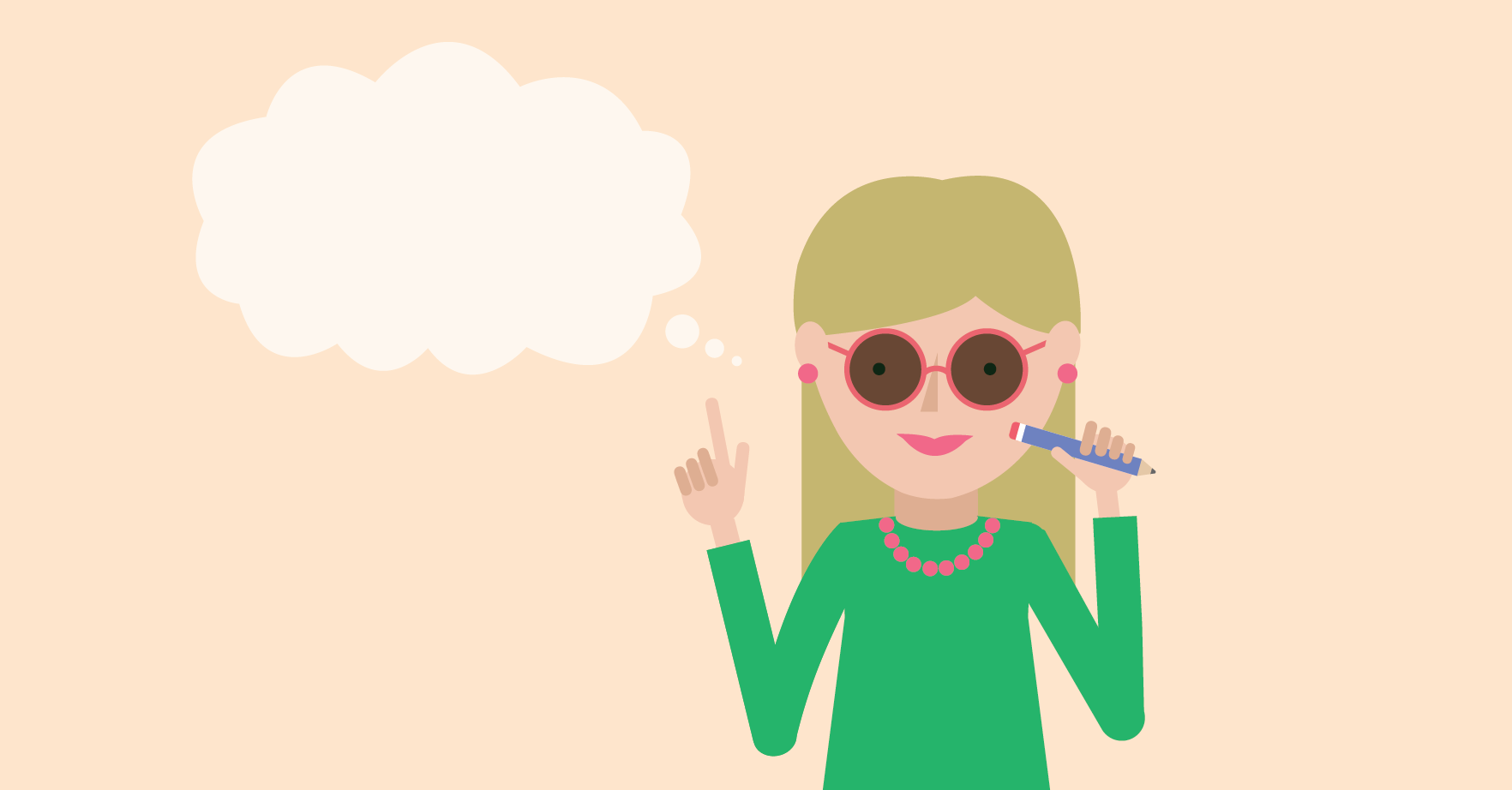 A maths teacher in summer clothing with a thought bubble above her head