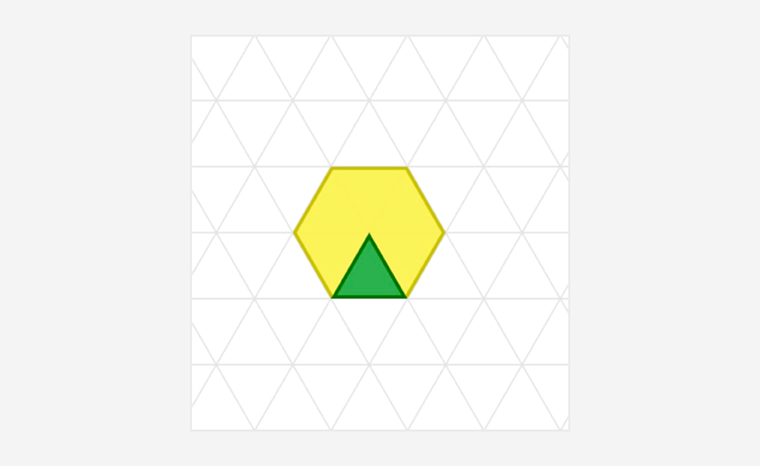A yellow hexagon is shown with one green triangle piece highlighted, illustrating the fraction 1 sixth.