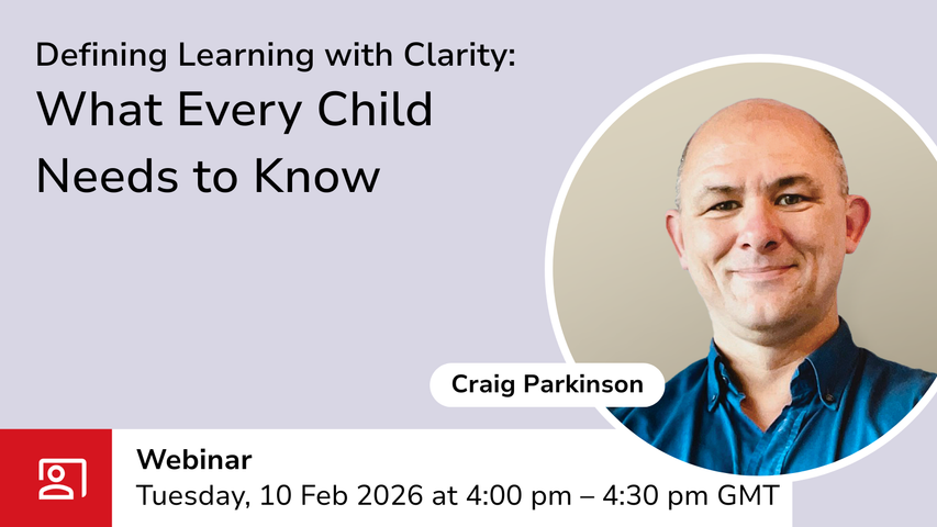 Defining learning webinar graphic with event details