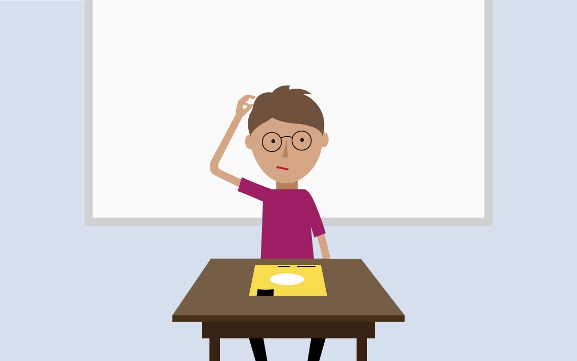 a student looking confused sitting at a desk in front of a white board