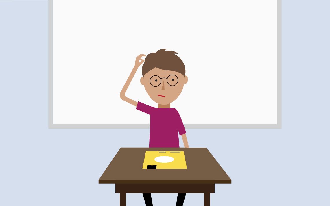 a student looking confused sitting at a desk in front of a white board