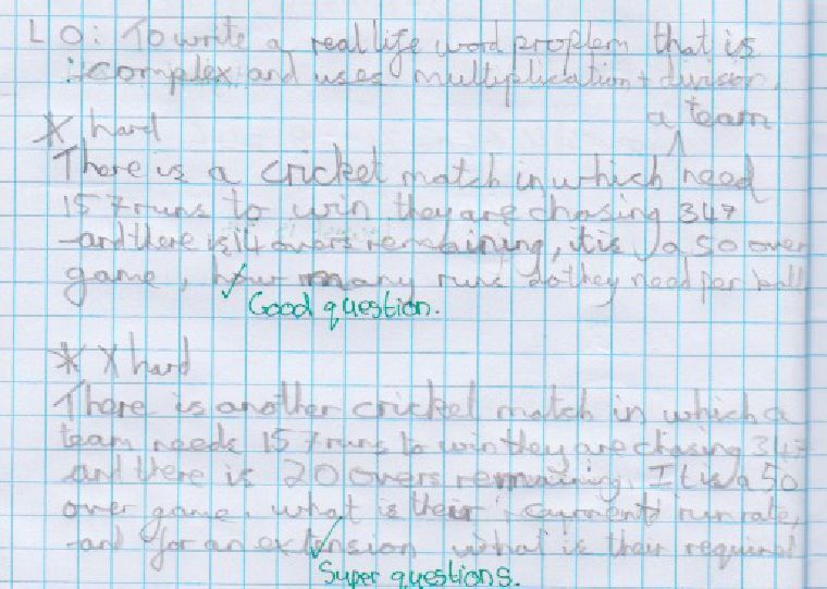 Creative journaling example 4: cricket themed word problem with multiple operations including determining rate