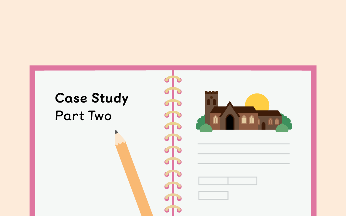 A pink notebook open with "Case Study Part Two" written with a pencil on one page and an image of a school on the other
