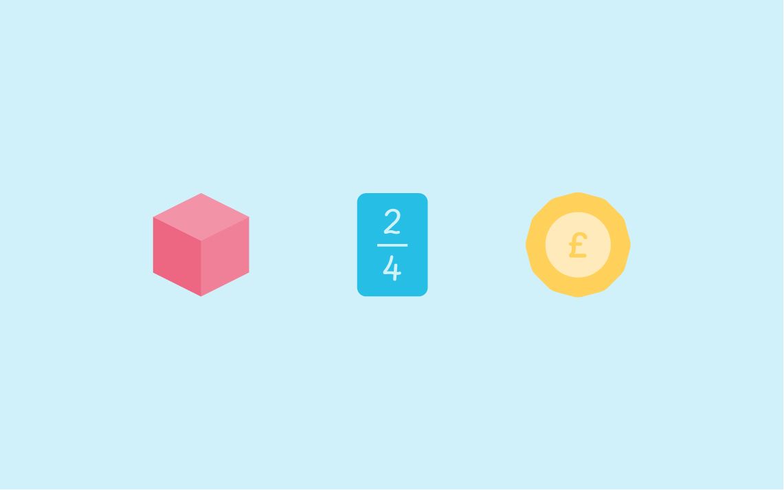 A pink cube, a fraction of two over 4 on a blue card, and a coin with a pound symbol on it