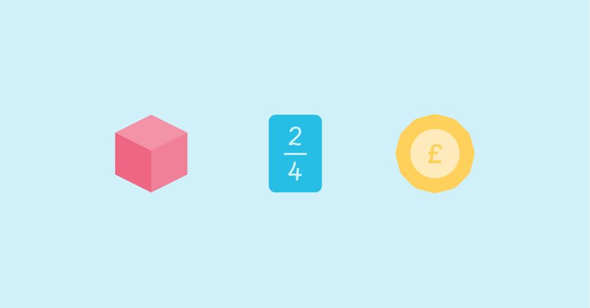 A pink cube, a fraction of two over 4 on a blue card, and a coin with a pound symbol on it